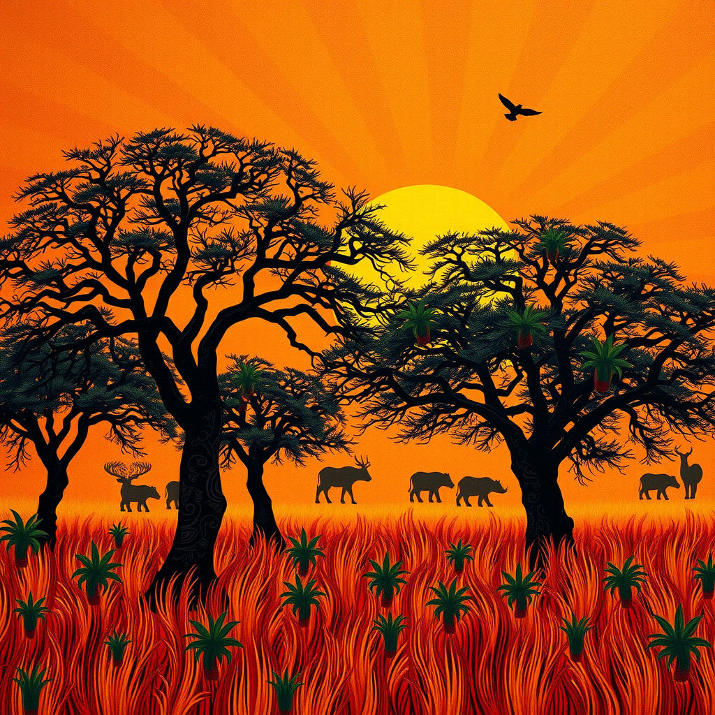 Vibrant African Landscape with Tribal Patterns
