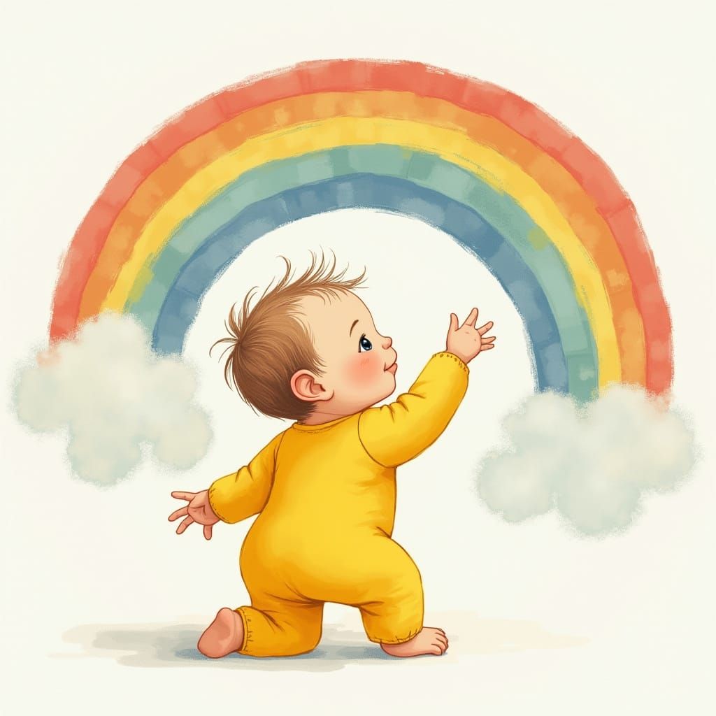 Baby Reaching for a Rainbow: Whimsical Illustration