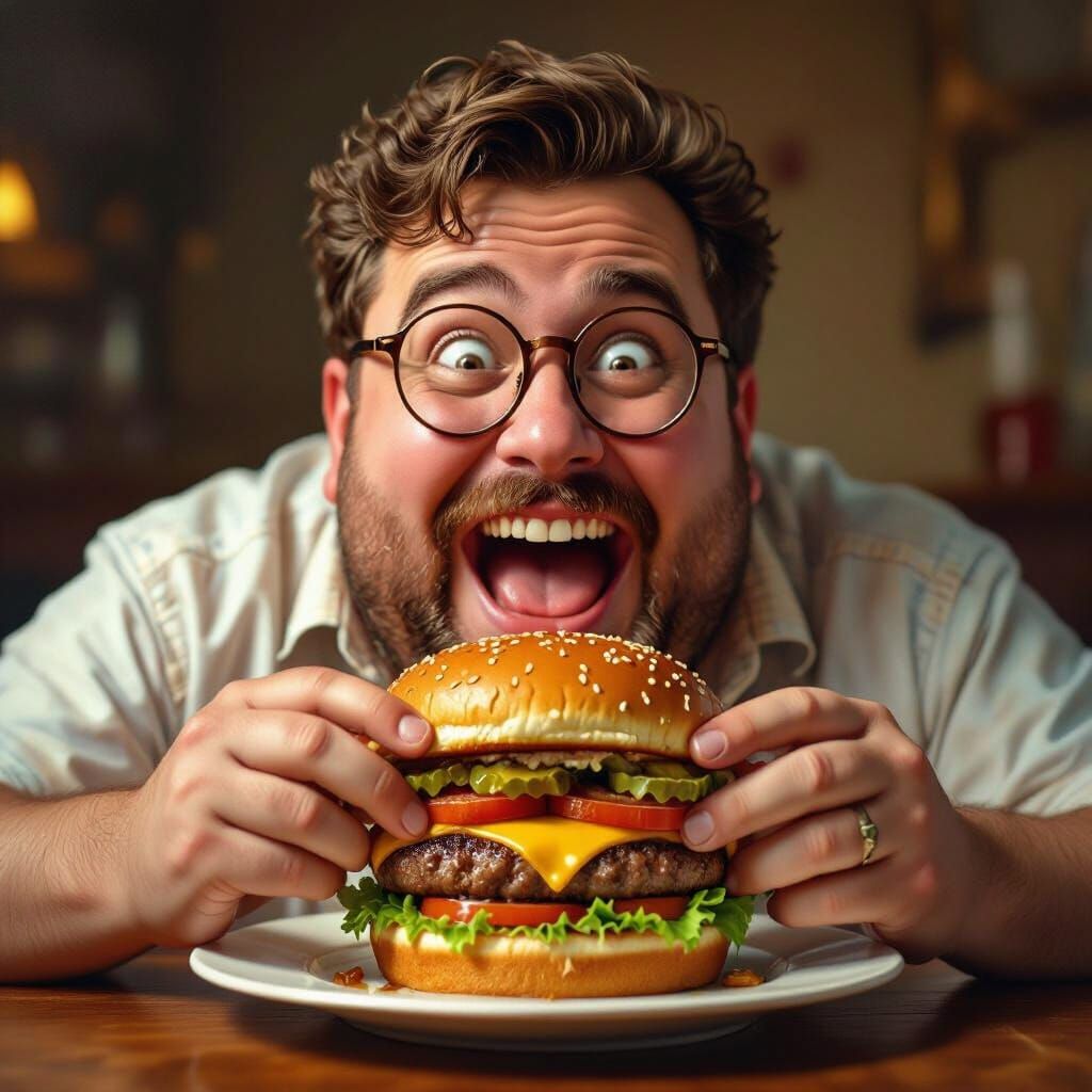 Joyful Man Devouring Burger in Hyperrealistic Style