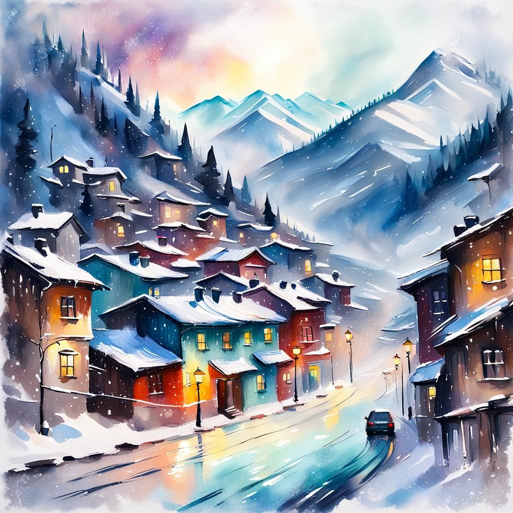 Snowy Mountain City in Impressionist Blizzard
