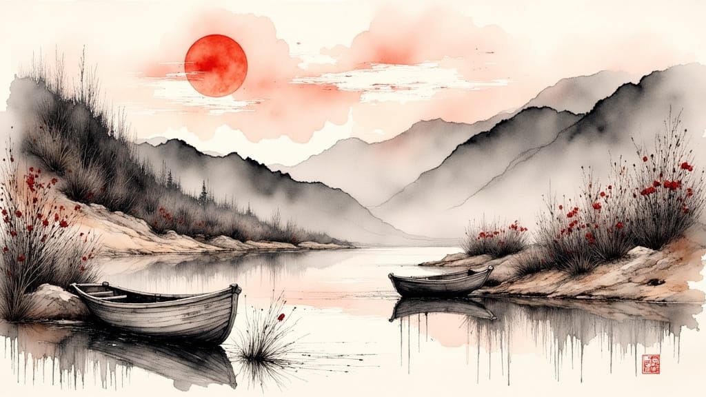 Surreal Japanese Landscape in Ink Poet Style