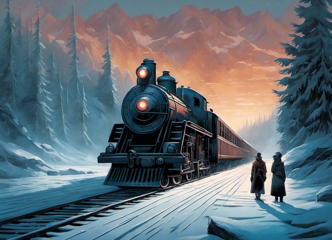 Train Journey Across Frozen Lake in Comic Book Art