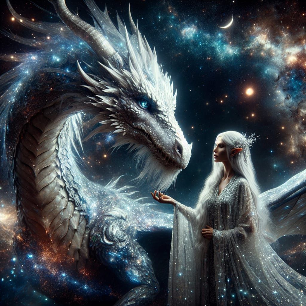 Majestic White Galactic Dragon with Elven Goddess