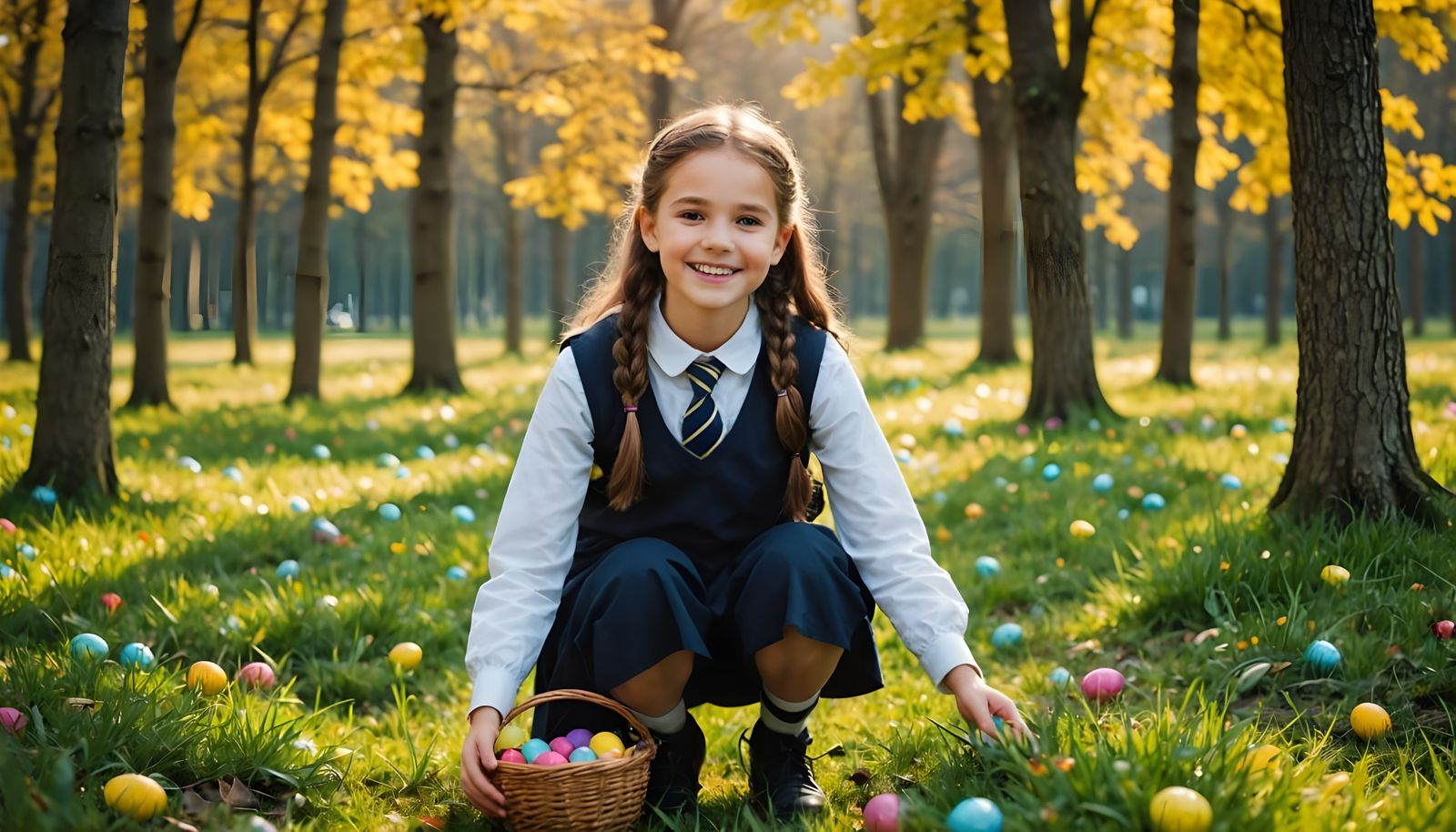 Young Girl Searches for Easter Eggs in Nature