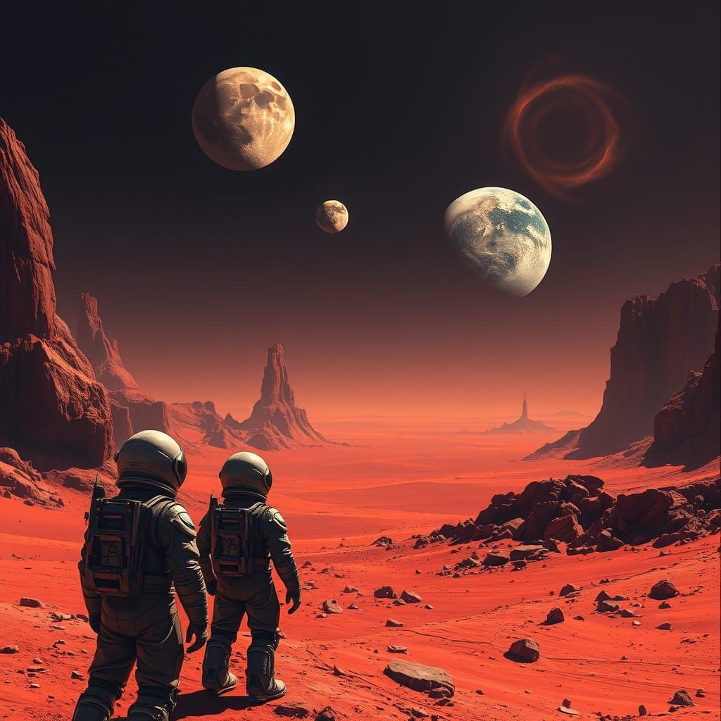 Barren Martian Landscape with Astronauts Gazing at Moons and...