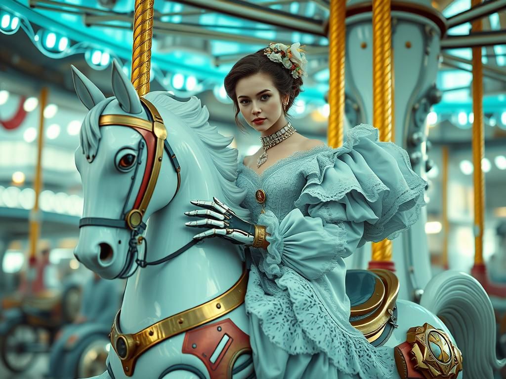 Cyborg Edwardian Woman on Cybernetic Carousel Horse