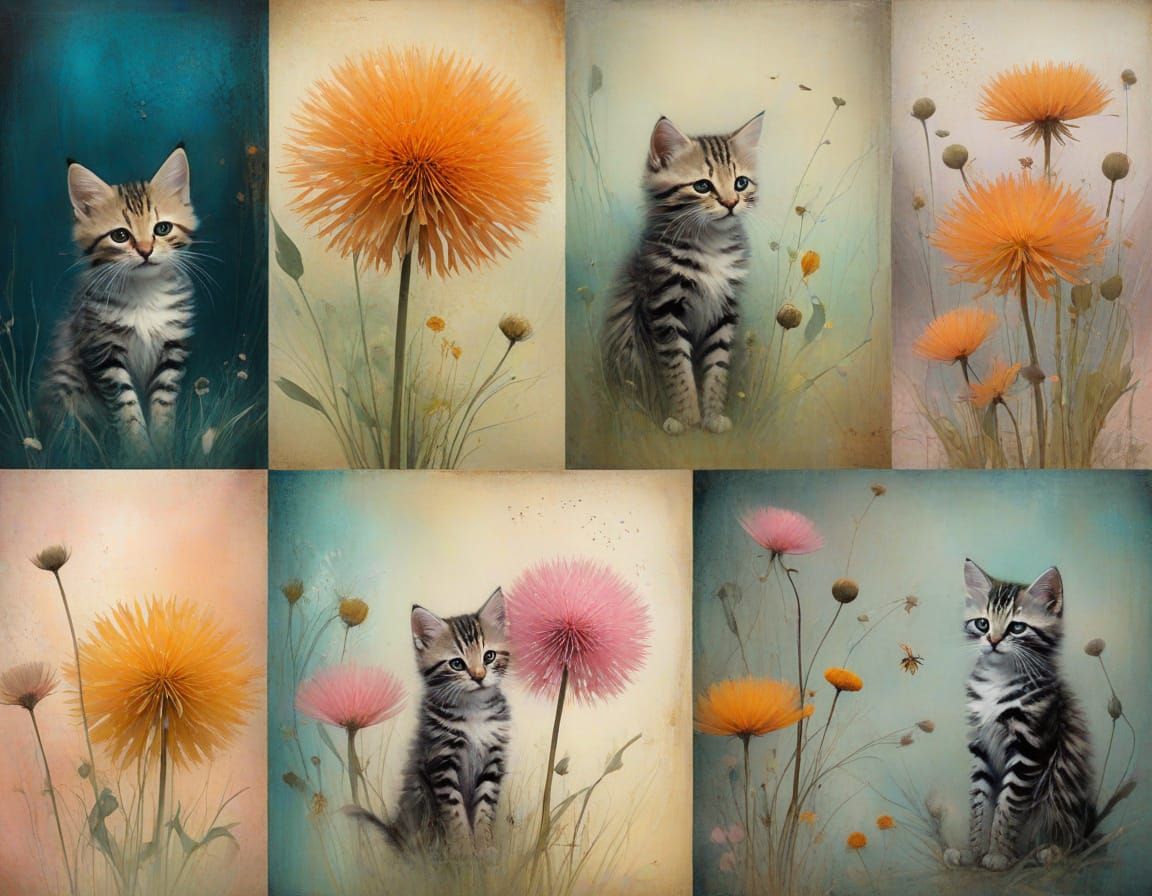 Surreal Kittens in Vintage Romantic Illustration