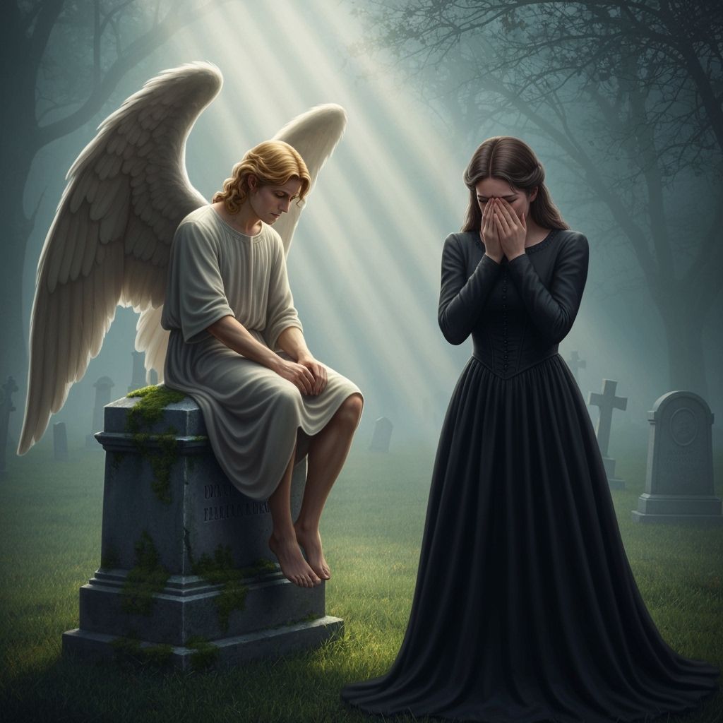Angel and Widow in Misty Graveyard with Heavenly Light