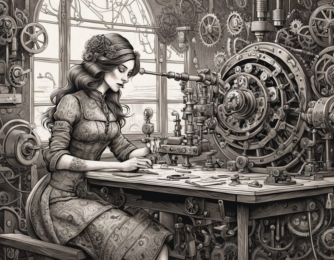 Steampunk Woman Amidst Cogs: Monochrome Ink Sketch