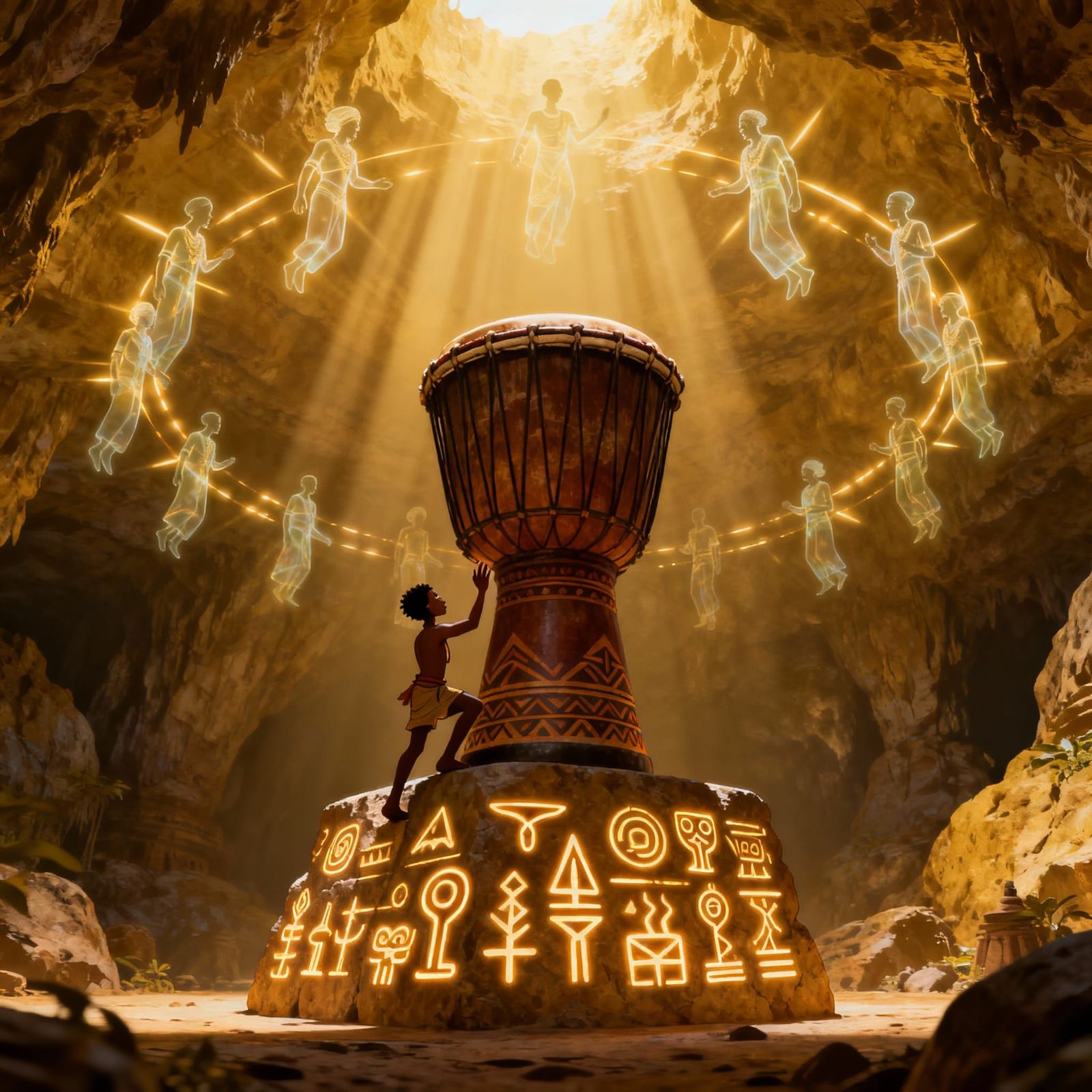 Epic Underground Cavern with Ancient Drum and Spirit Griots
