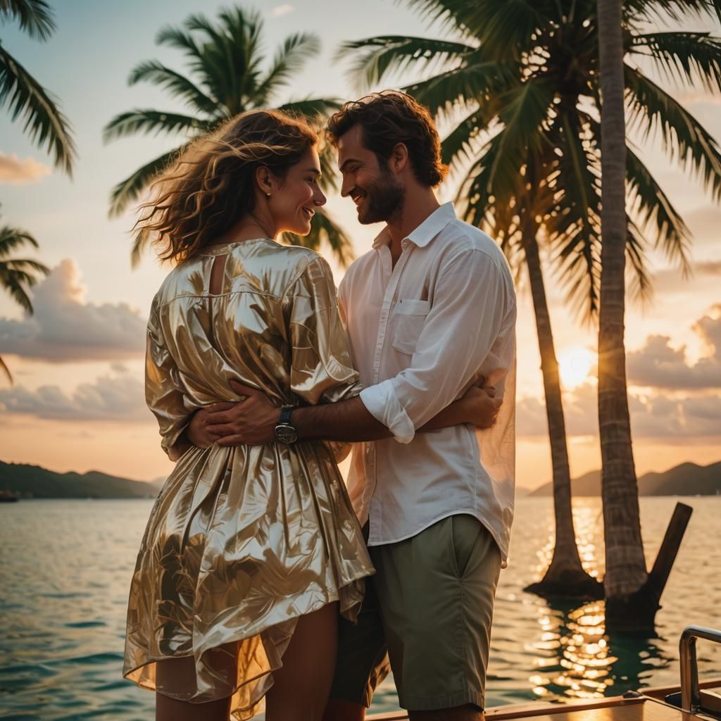 Lovers Embrace on Tropical Catamaran at Sunset