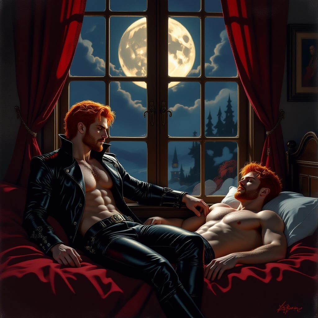 Vampire Gazes At Man Inside Dark Room