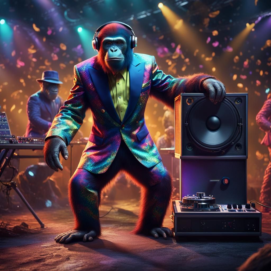 Ape DJ in Colorful Suit at Concert