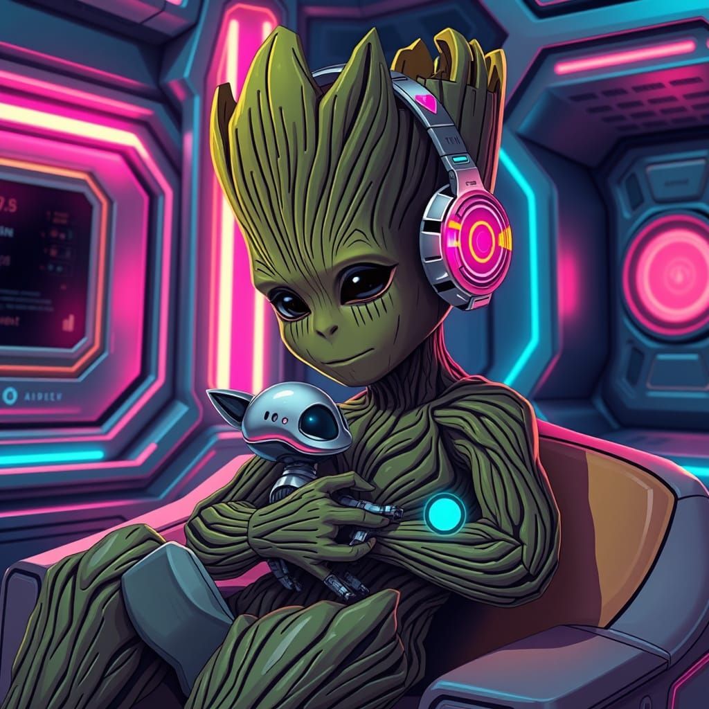Groot in Futuristic Room with Robotic Pet