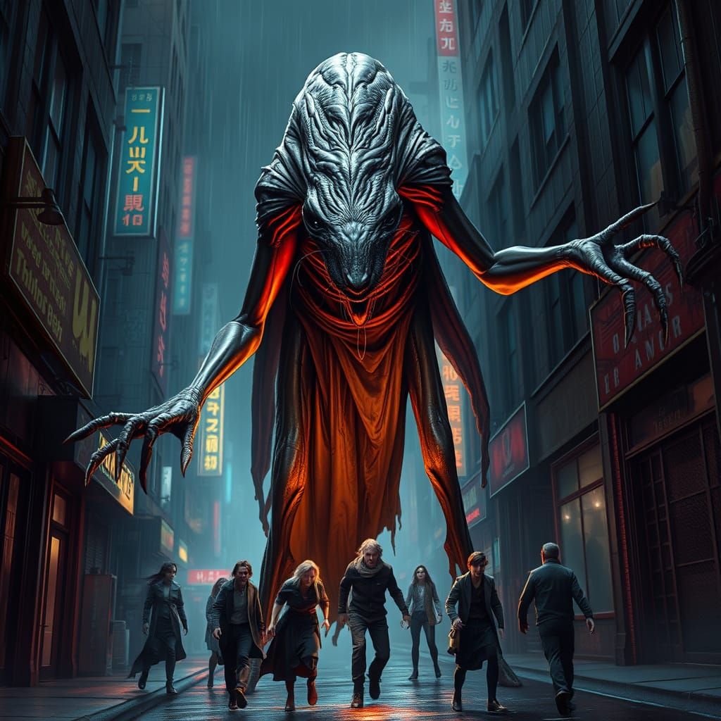 Alien Rat Abduction in Noir Cyberpunk Alleyway