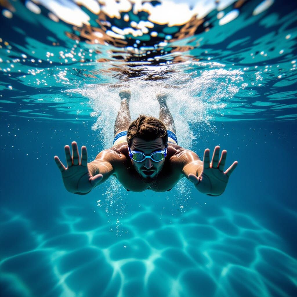 Underwater View of Swimmer Diving in Cinematic Style