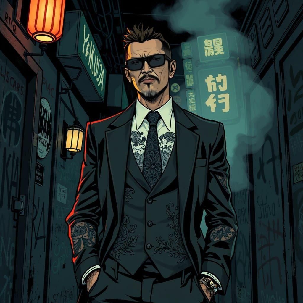 Gritty Yakuza Figure in Neon Alleyway Scene