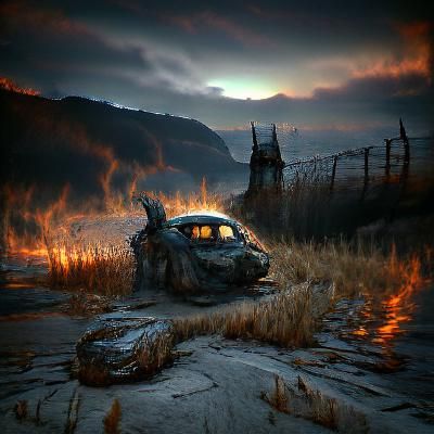 Post-Apocalyptic Burning Car in Ruined Landscape