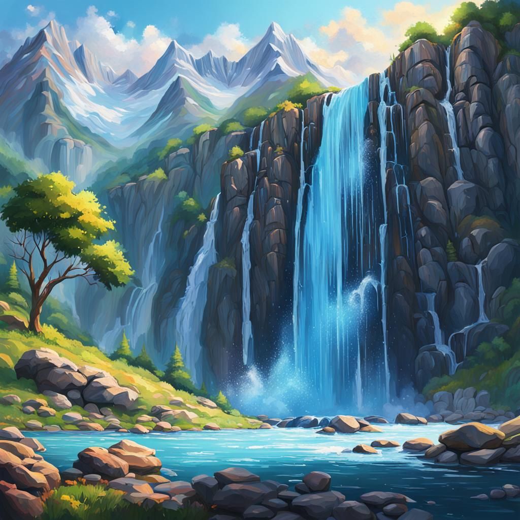 Hyperrealistic Waterfall and Mountains Concept Art