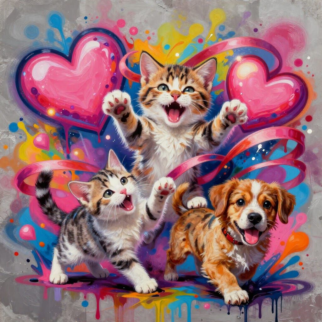 Playful Kittens and Puppies with Glowing Hearts in Graffiti ...