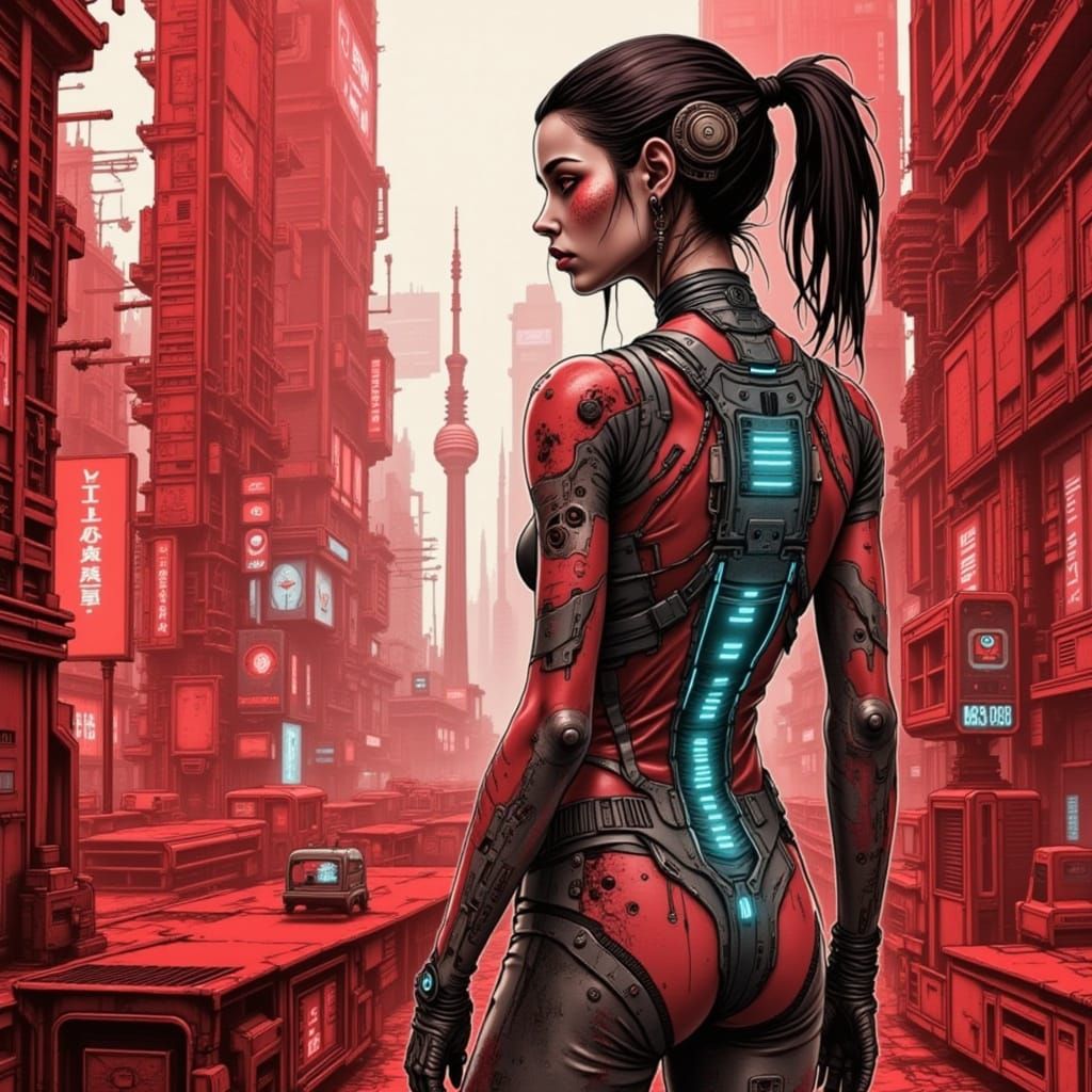 Cyborg Woman with Neon Tattoos in Giger Style