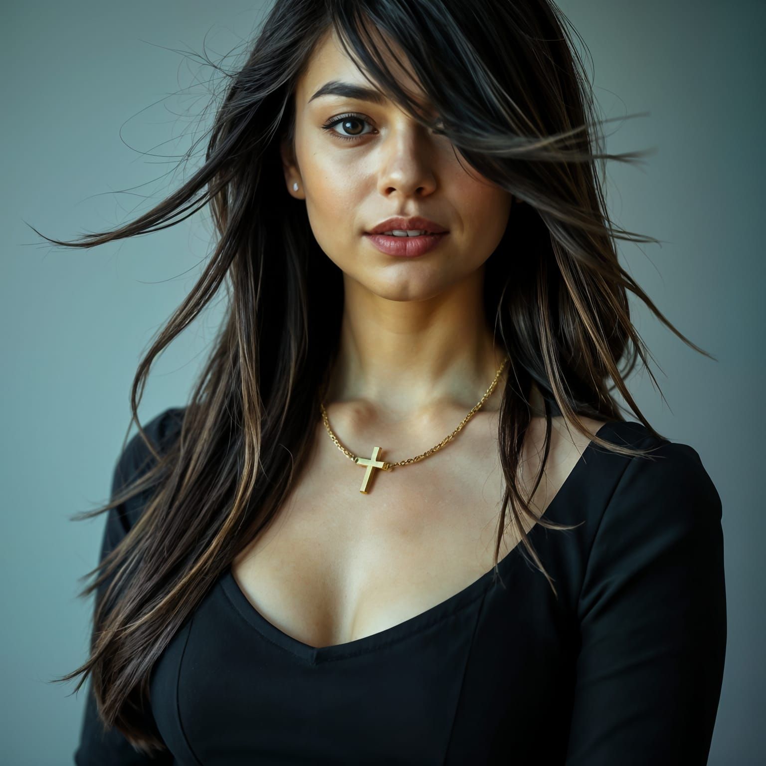 Hyper-Realistic Portrait of a Woman in Black with Gold Jewel...