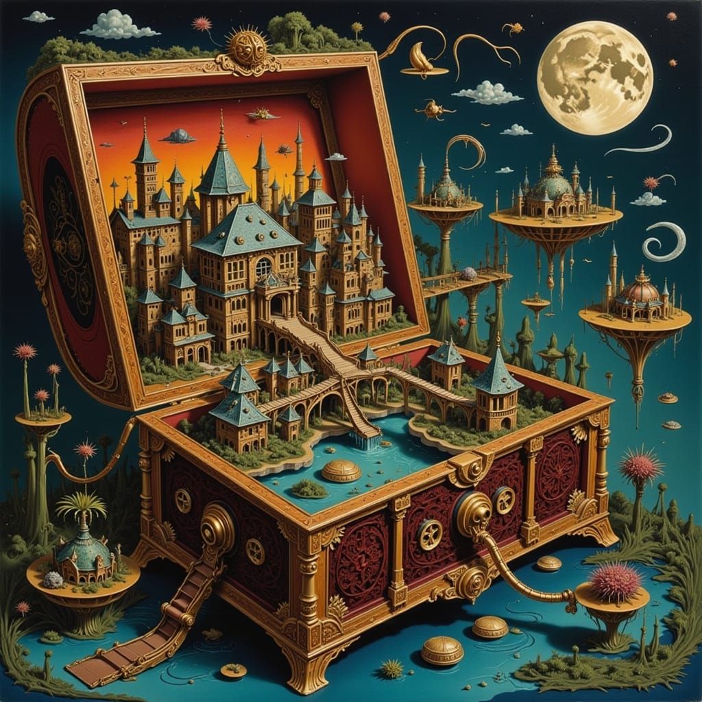 Whimsical Cityscape Inside Antique Music Box