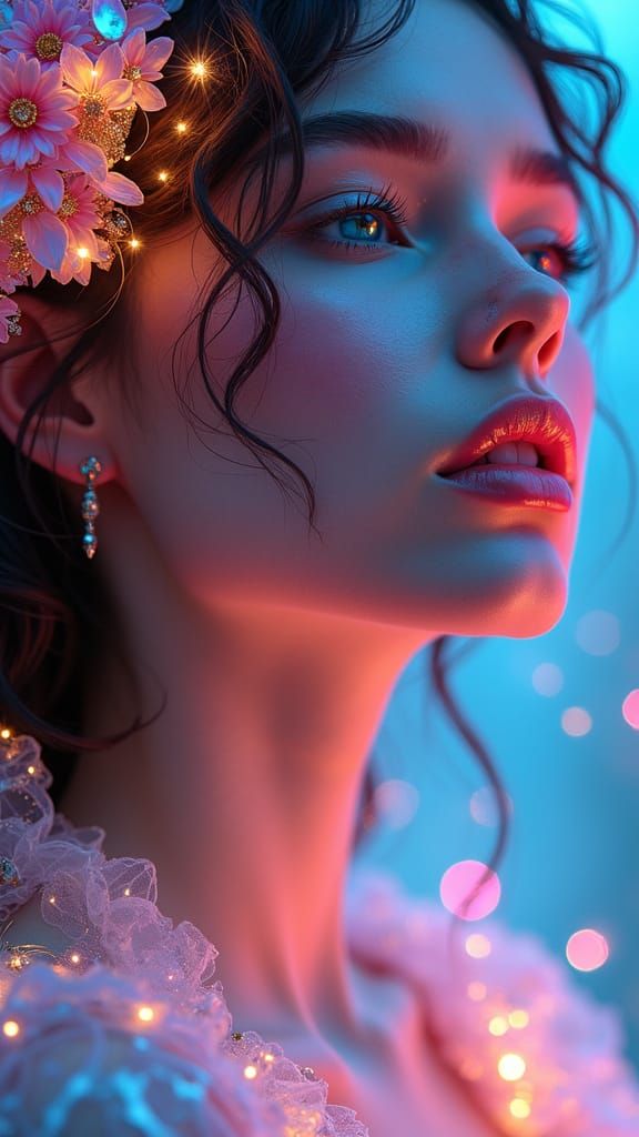 Hyper Realistic Woman with Floral Mechanical Hair