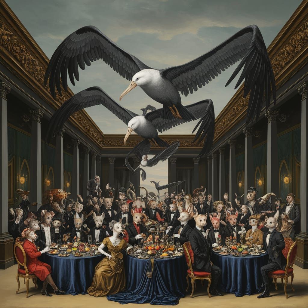 Victorian Animals Feast in Surreal Grand Hall