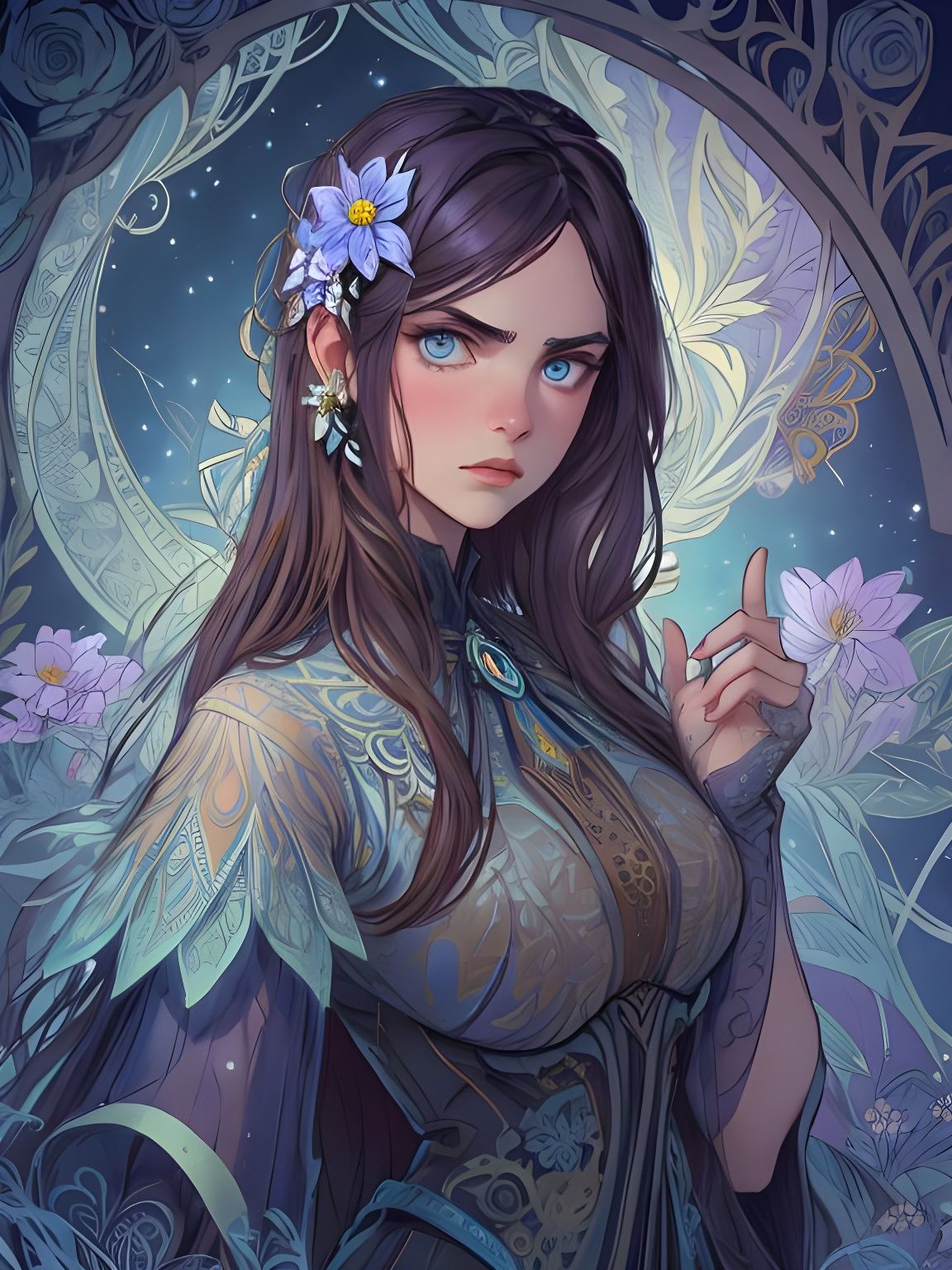 Girl Casting Magic in Art Nouveau Style