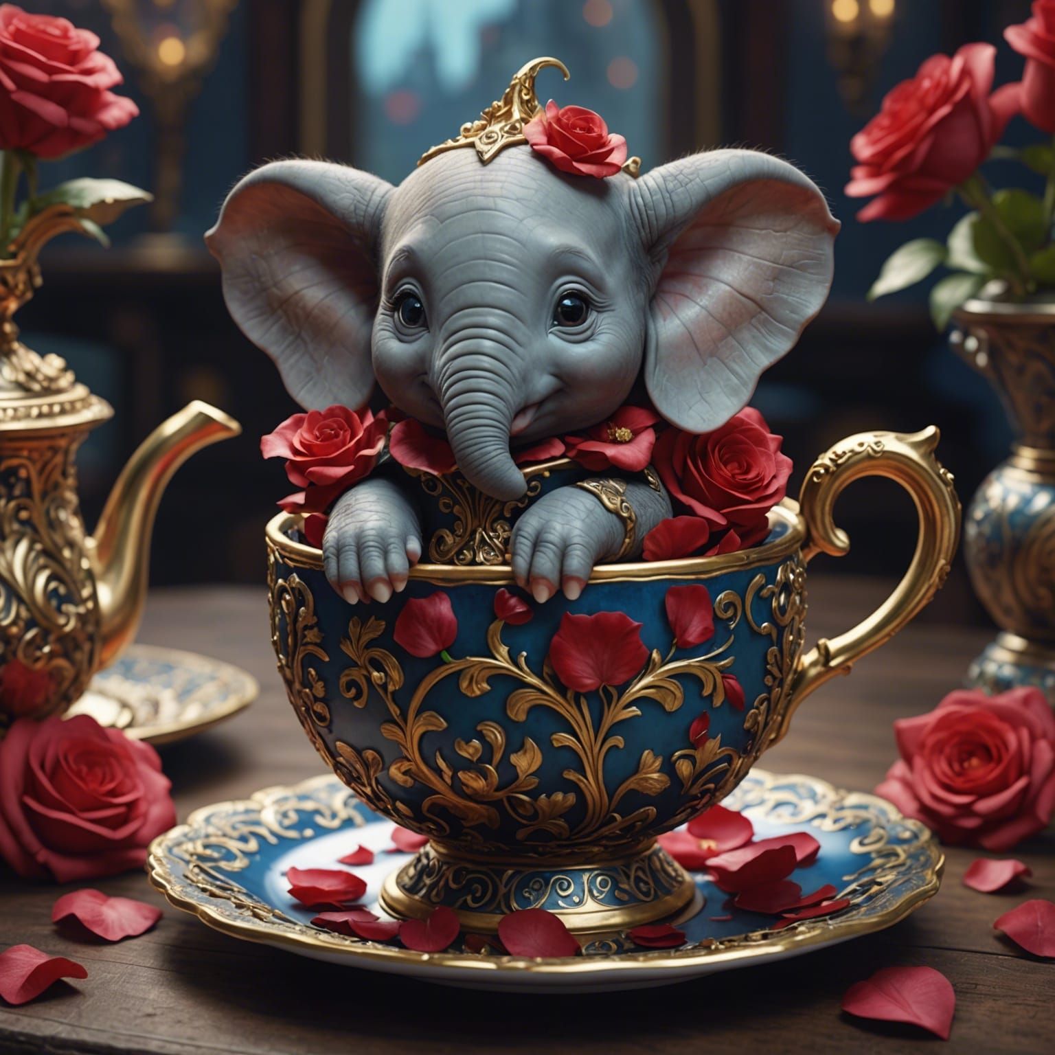 Cute Baby Elephant in Teacup Fantasy Art