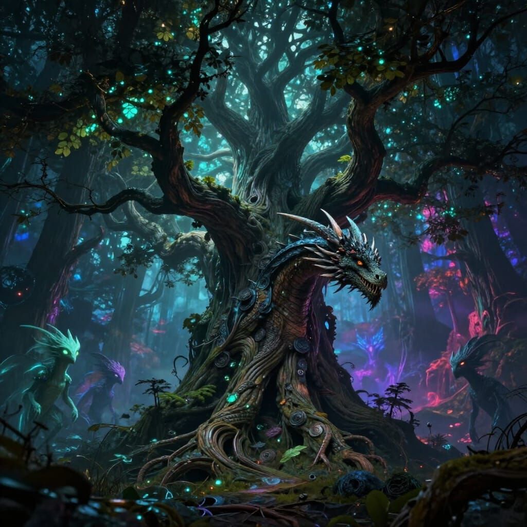 Ancient Bioluminescent Tree & Ethereal Creatures in Dark Fan...