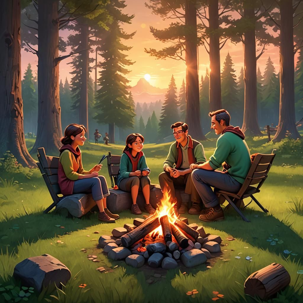 Cozy Family Camping Scene in Pixar Style