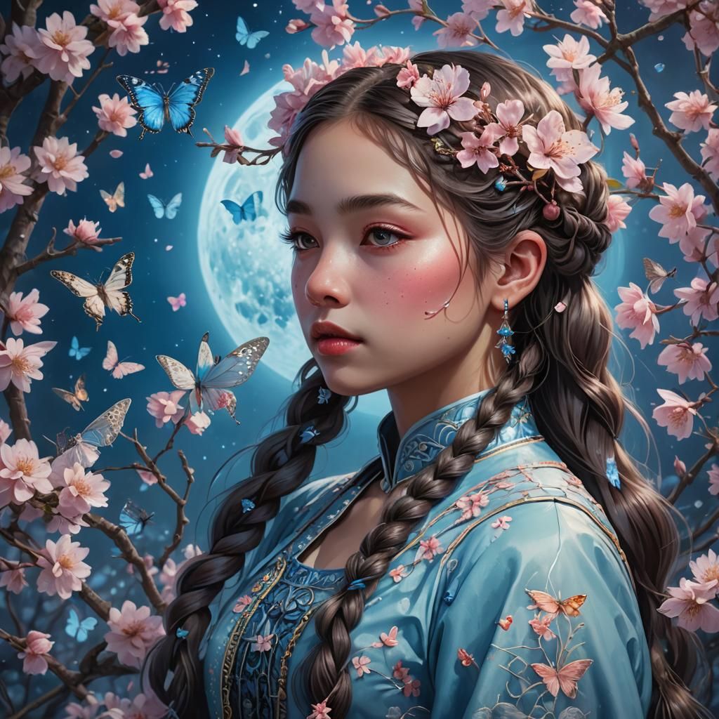 Girl with Braids and Moon in Digital Painting