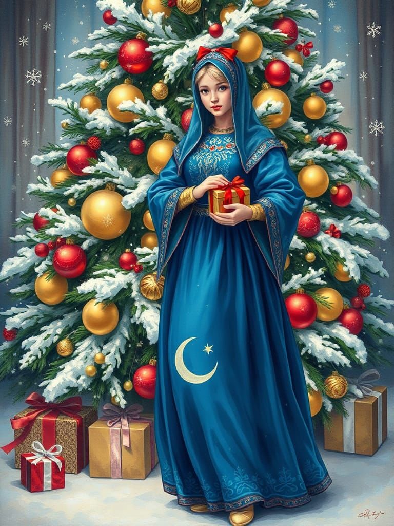 Slavic Snow Maiden Holiday Art in Gouache Technique