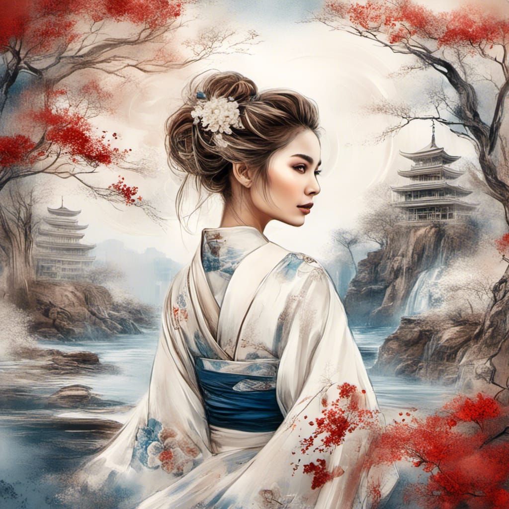 Kimono Woman Surrounded by Flowers in Oil Paint Style