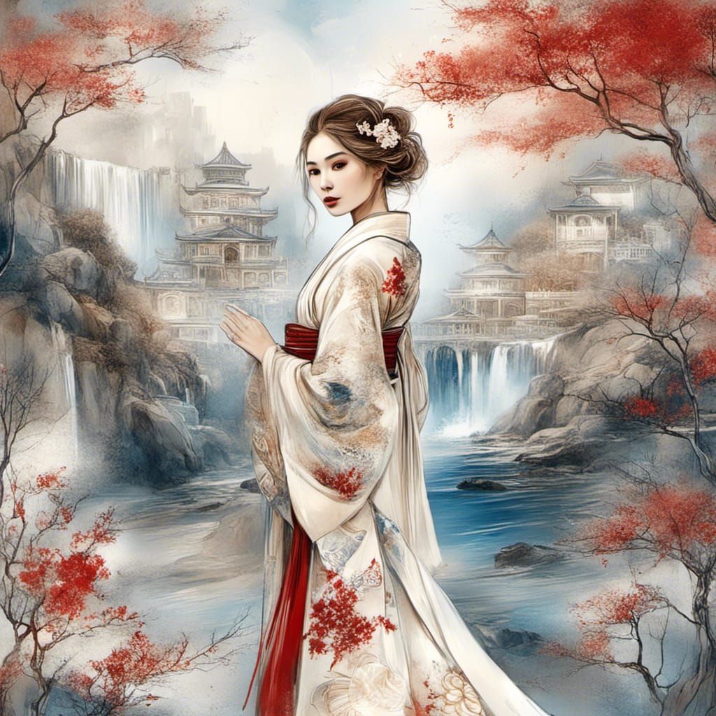 Woman in Kimono Surrounded by Flowers: Oil and Ink