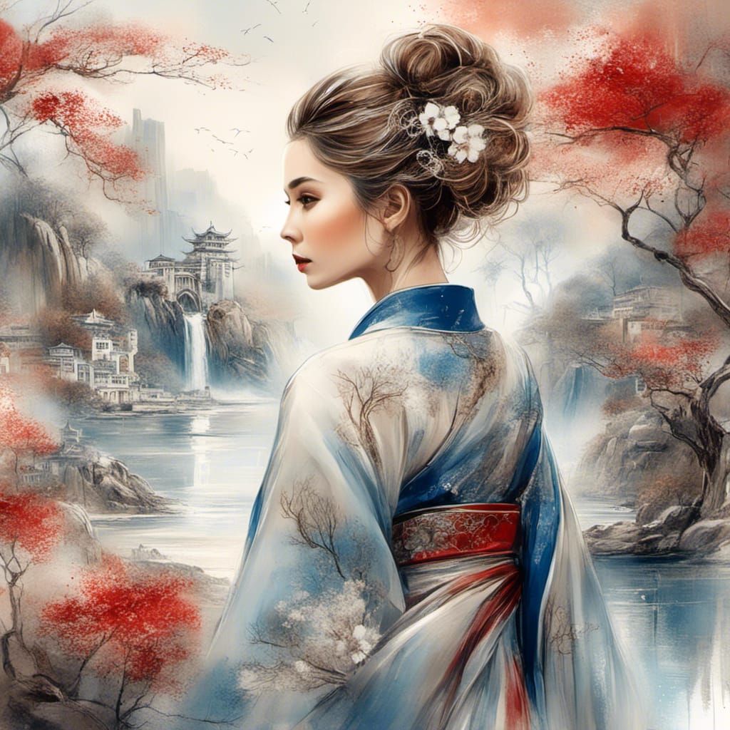 Woman in Kimono with Floral Design as Oil Painting
