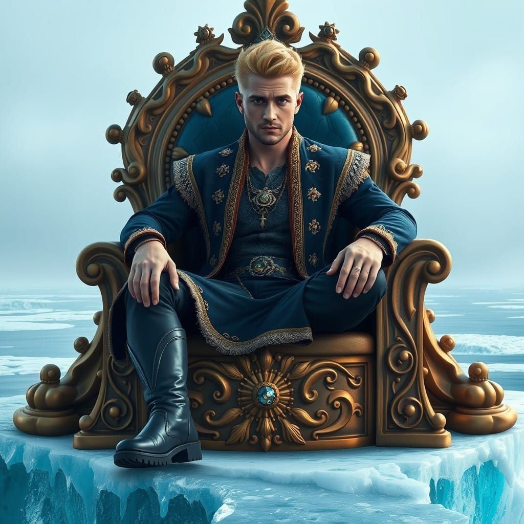 Regal Blonde Man on Golden Throne at Ice Floe in Opulent Roy...