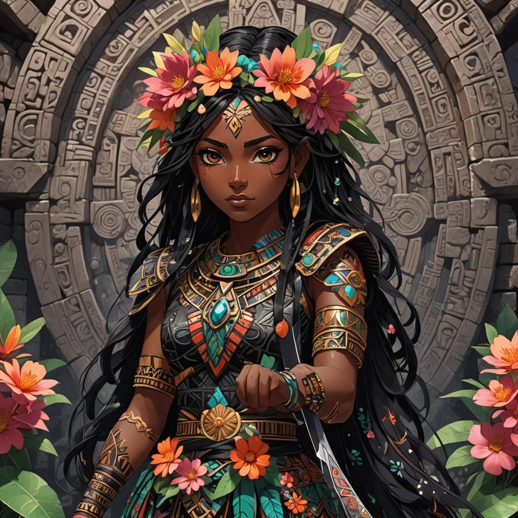 Anime Girl with Obsidian Sword in Mayan Ruins