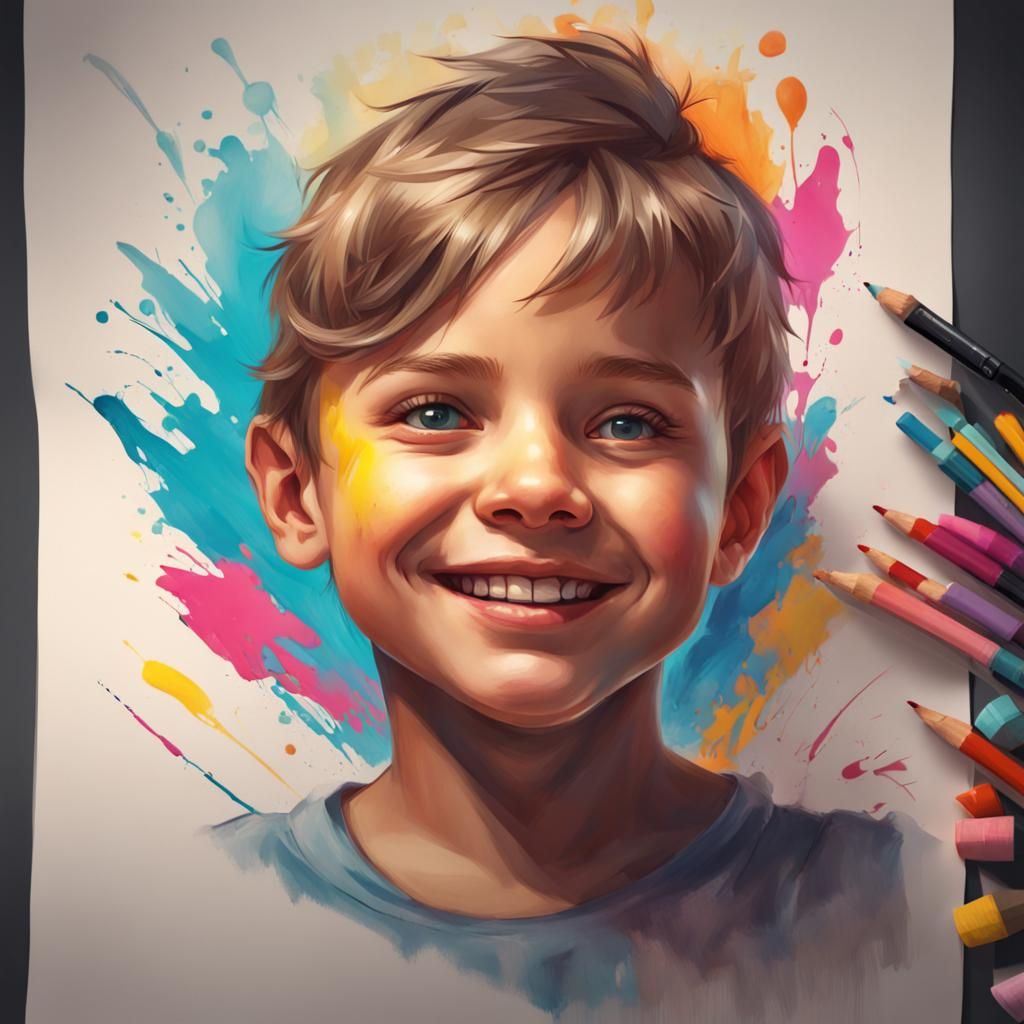Happy Kid Drawing: Detailed Art Portrait