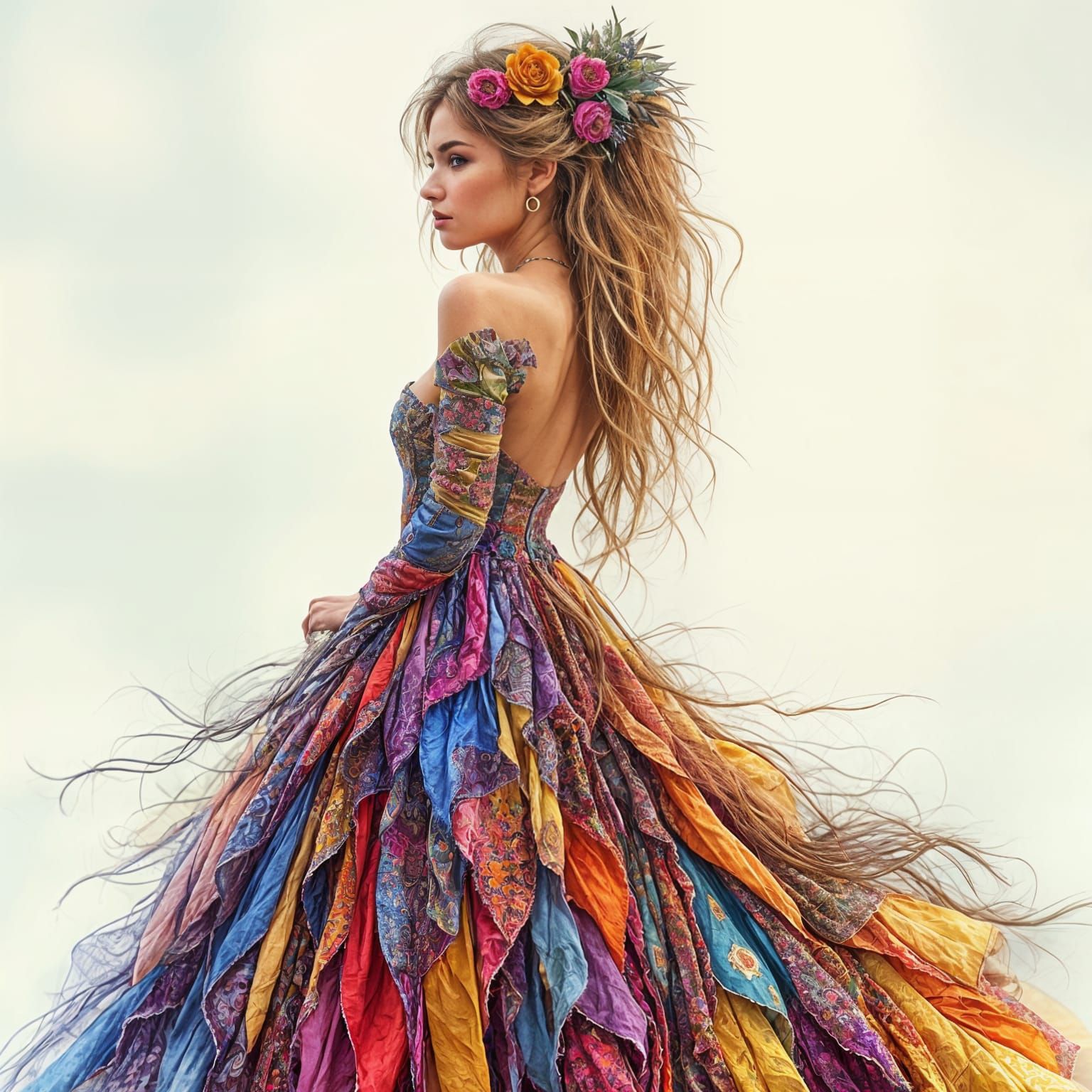 Woman in Vibrant Patchwork Dress