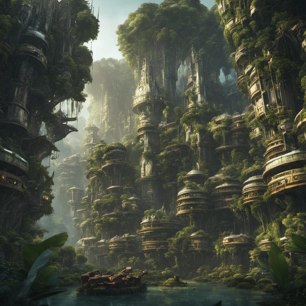 Futuristic Jungle Civilization: Detailed Matte Painting