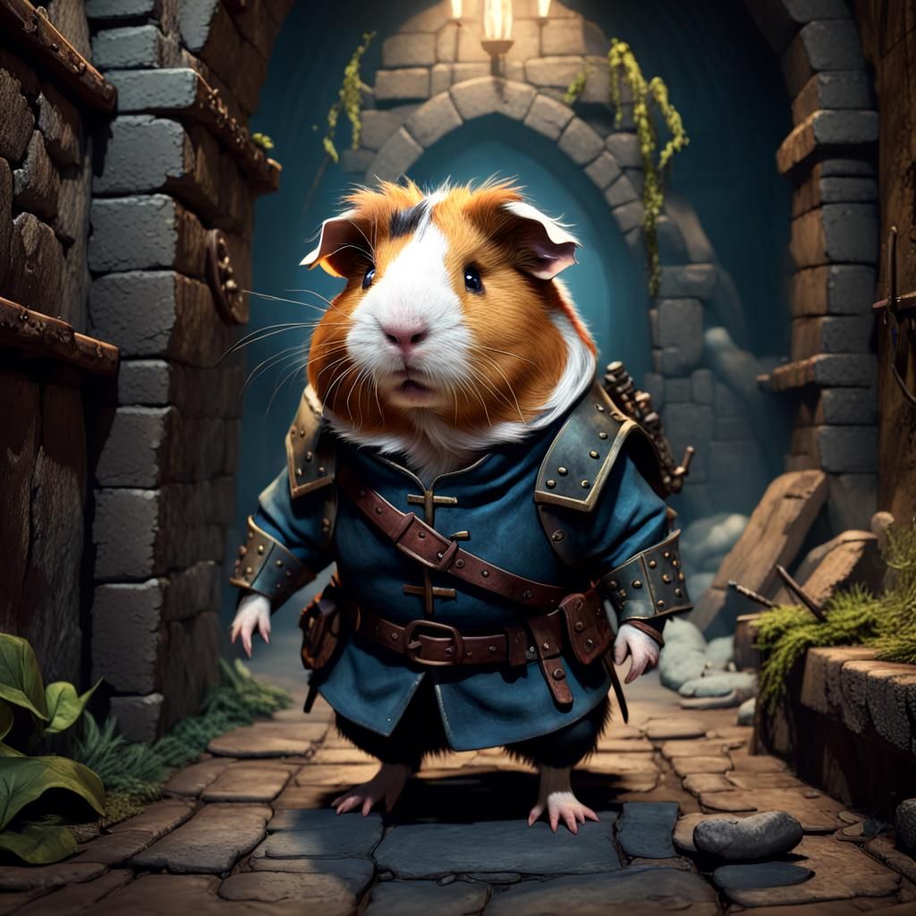 Guinea Pig Adventurer in a Fantastical Dungeon