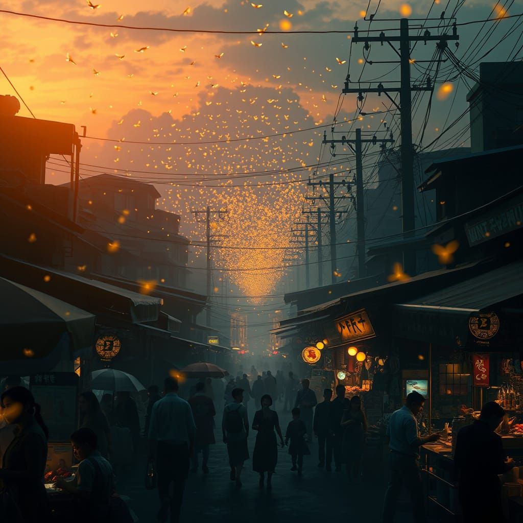 Magical Night Market Illuminated by Fireflies