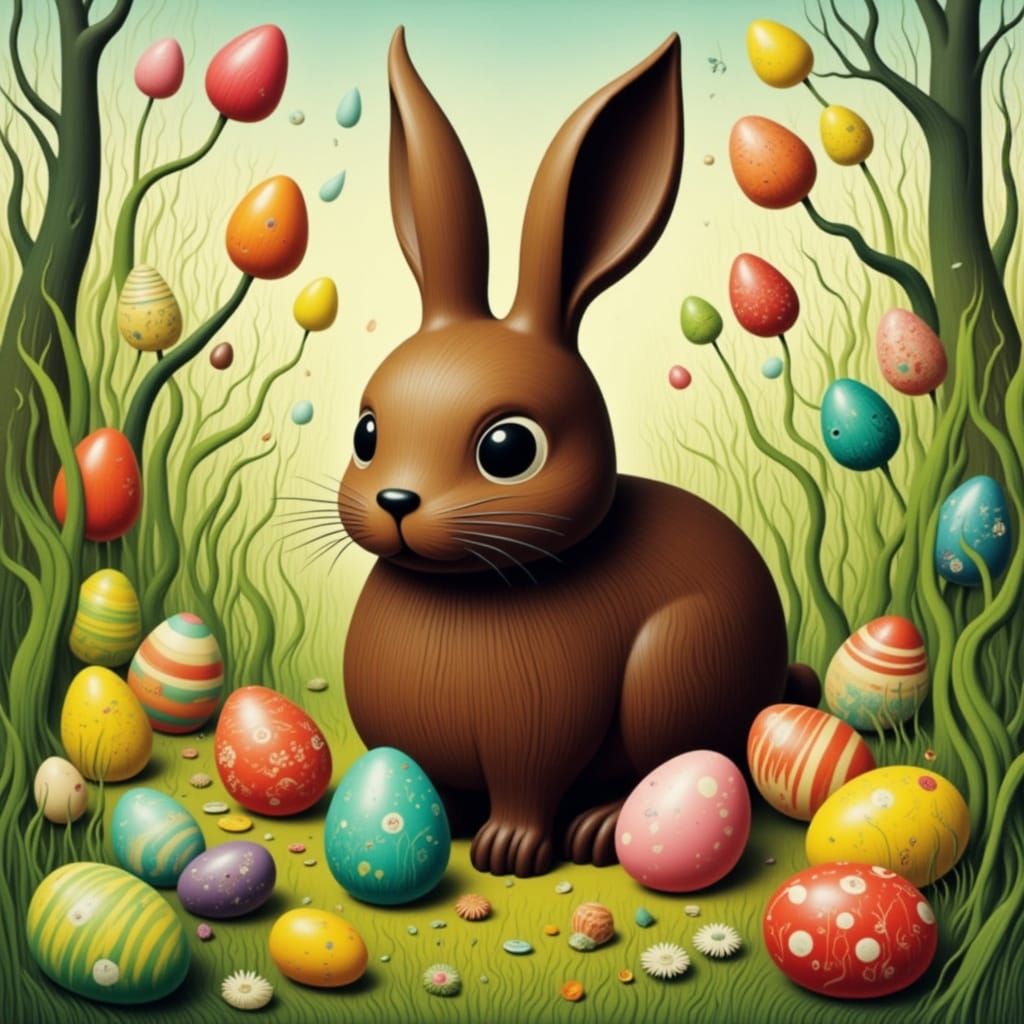 Whimsical Woodcut Chocolate Rabbit in Easter Egg Wonderland