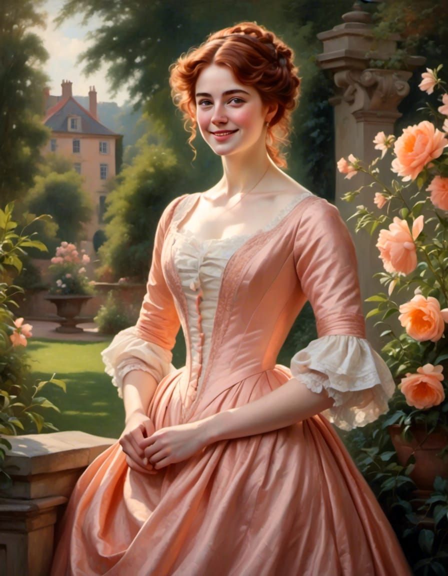 Regency Woman Portrait in Peach Dress, Garden Setting