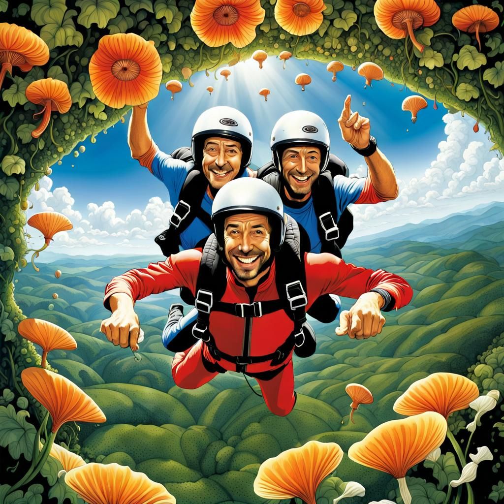 Enchanting Skydiving Scene with Iridescent Coloring Book Ill...