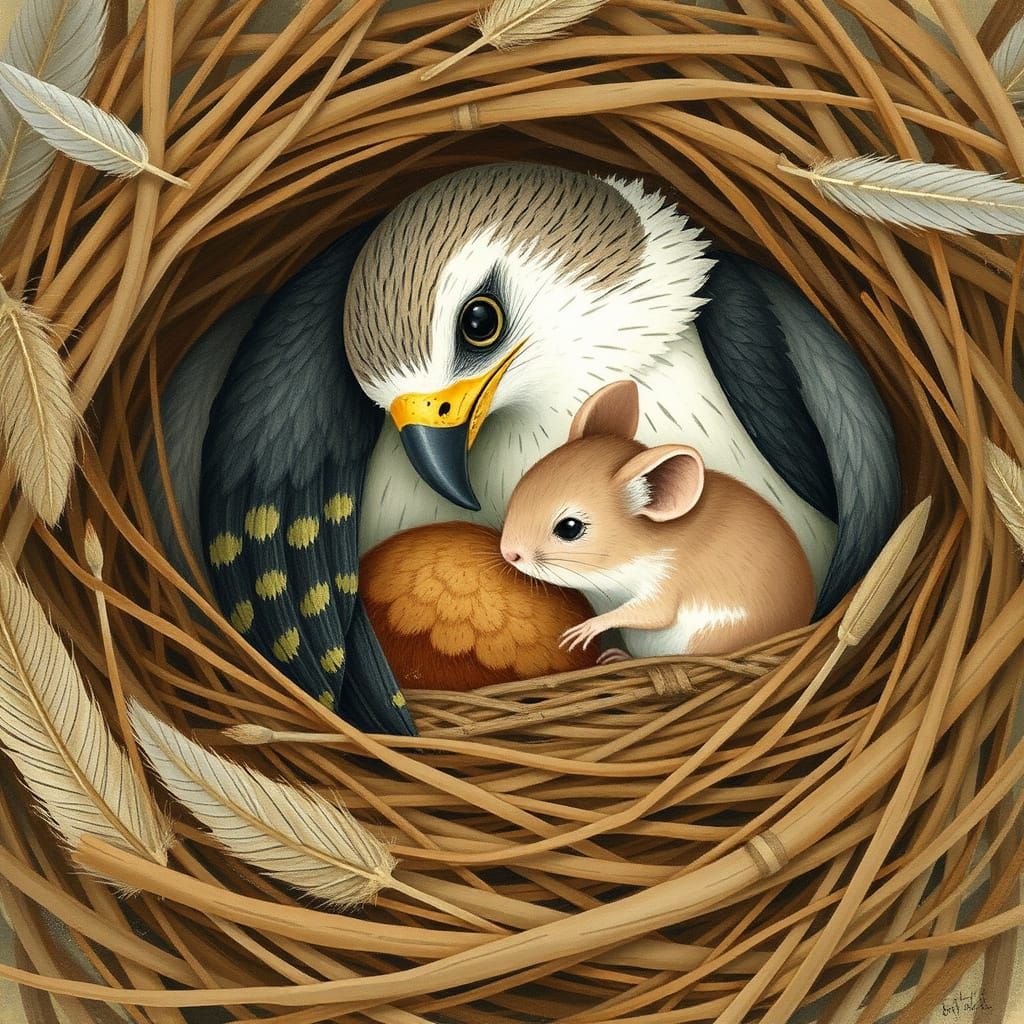 Hawk and Mouse Snuggled in Nest, Whimsical Style