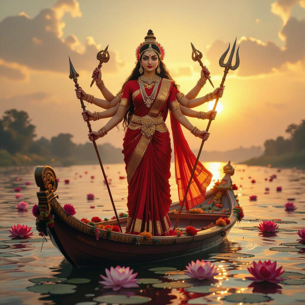 Goddess Durga Arriving by Boat on Sacred River